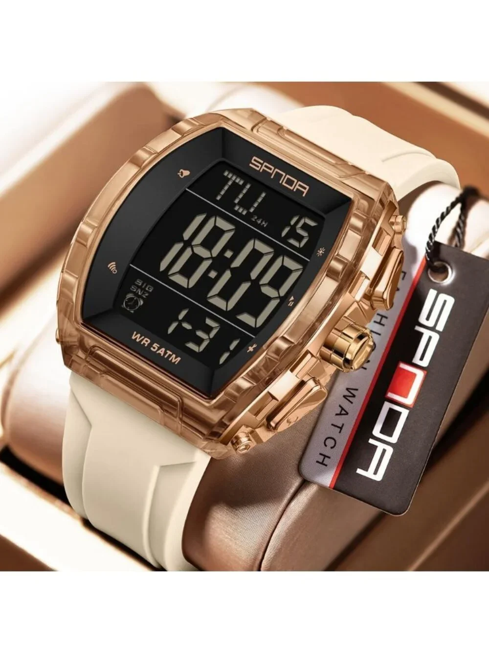 Men's Beige Analog Quartz Tonneau Shape Dual Waterproof Digital Luxury Watch